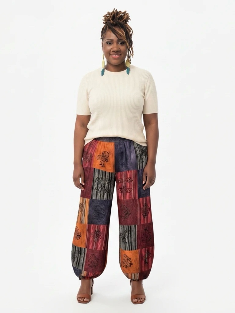 Patchwork Barrel Style Elastic-Hem Pants - Multicolor